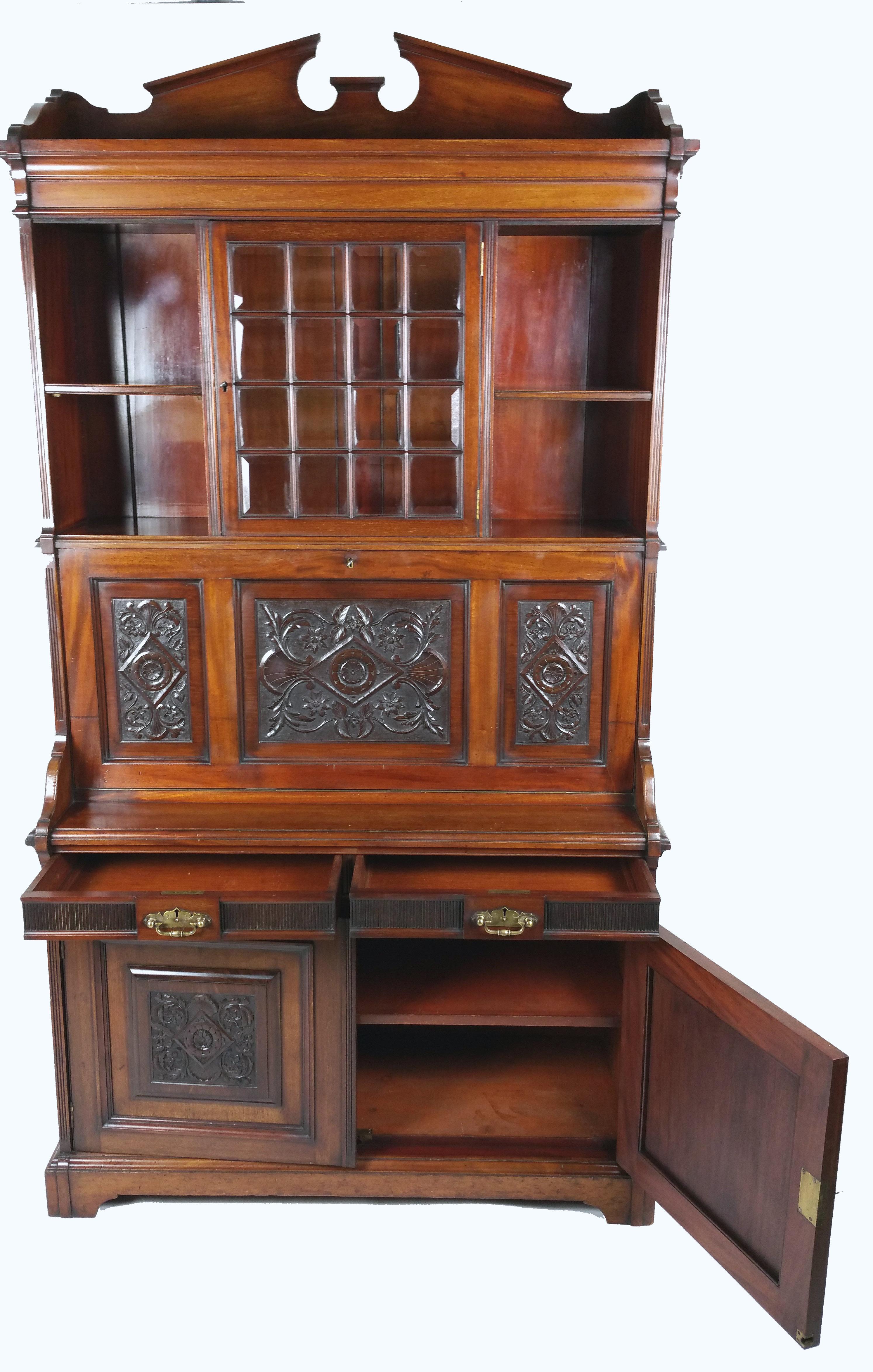 Brass Victorian Arts & Crafts Walnut Secretaire Cabinet