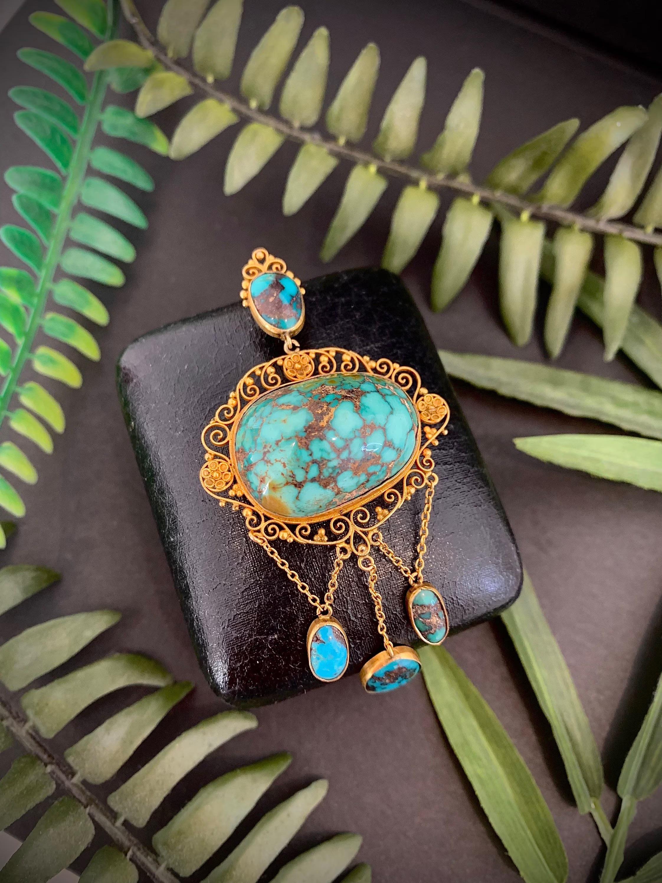 Mixed Cut Victorian Arts & Crafts 15ct Gold Turquoise Matrix Pendant For Sale