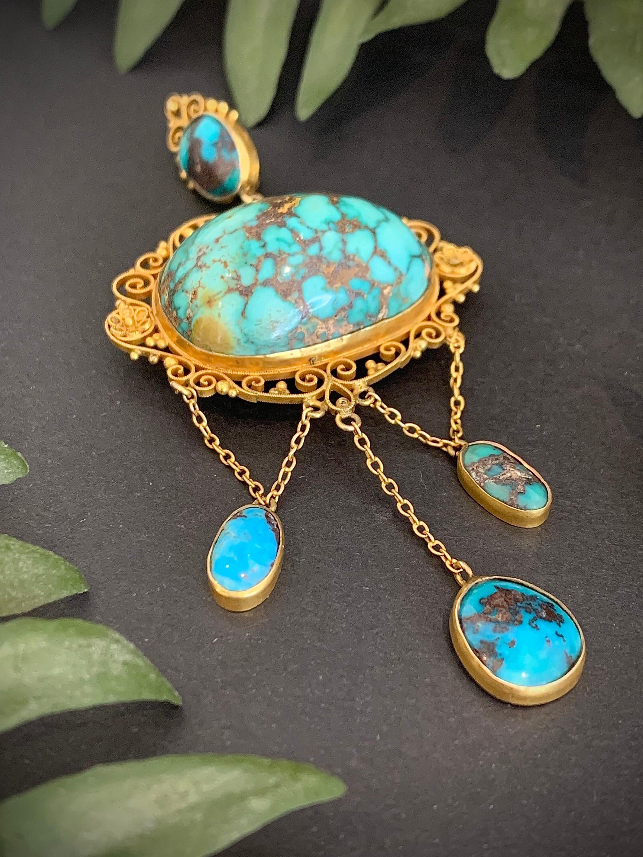 Victorian Arts & Crafts 15ct Gold Turquoise Matrix Pendant In Good Condition For Sale In Brighton, GB