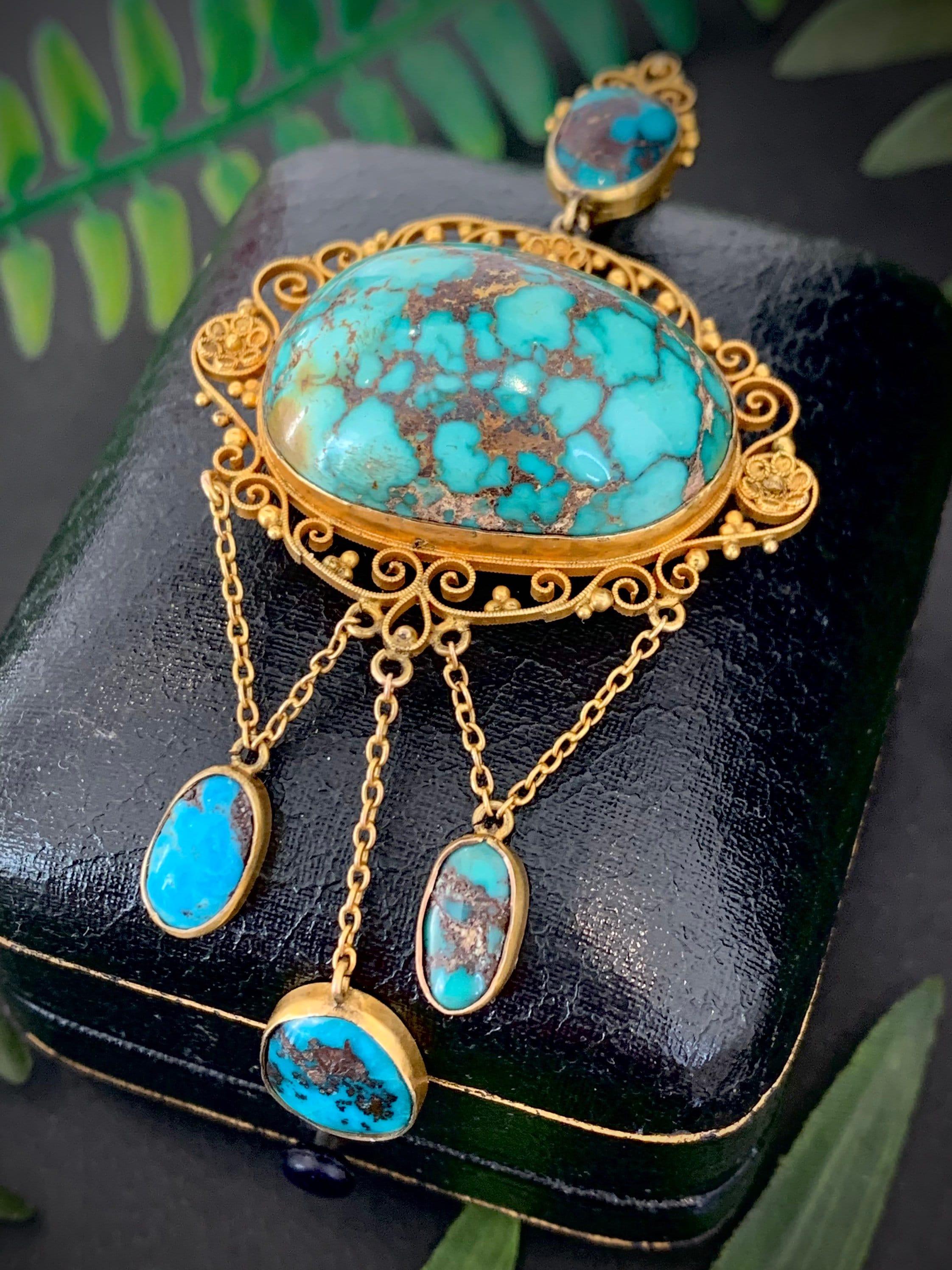 Victorian Arts & Crafts 15ct Gold Turquoise Matrix Pendant For Sale 3