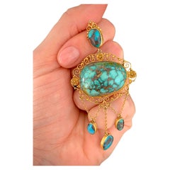 Antique Victorian Arts & Crafts 15ct Gold Turquoise Matrix Pendant