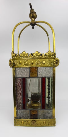 Victorian Arts & Crafts Brass and Stained Glass Hall Lantern, c.1890