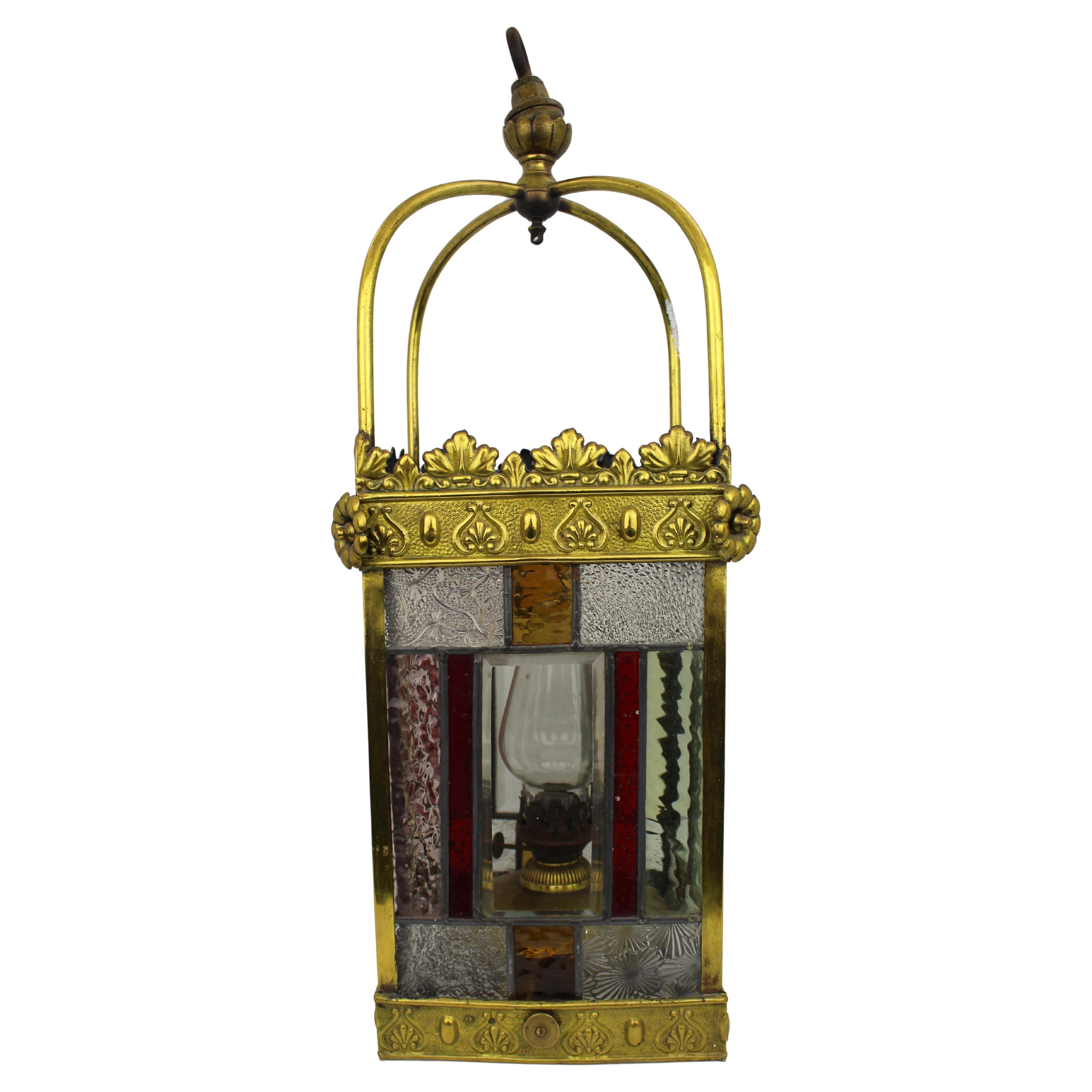 Victorian Arts & Crafts Brass and Stained Glass Hall Lantern, c.1890