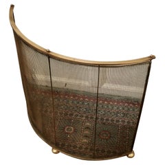 Antique Victorian Arts & Crafts Brass Curved Fire Guard, Spark Screen