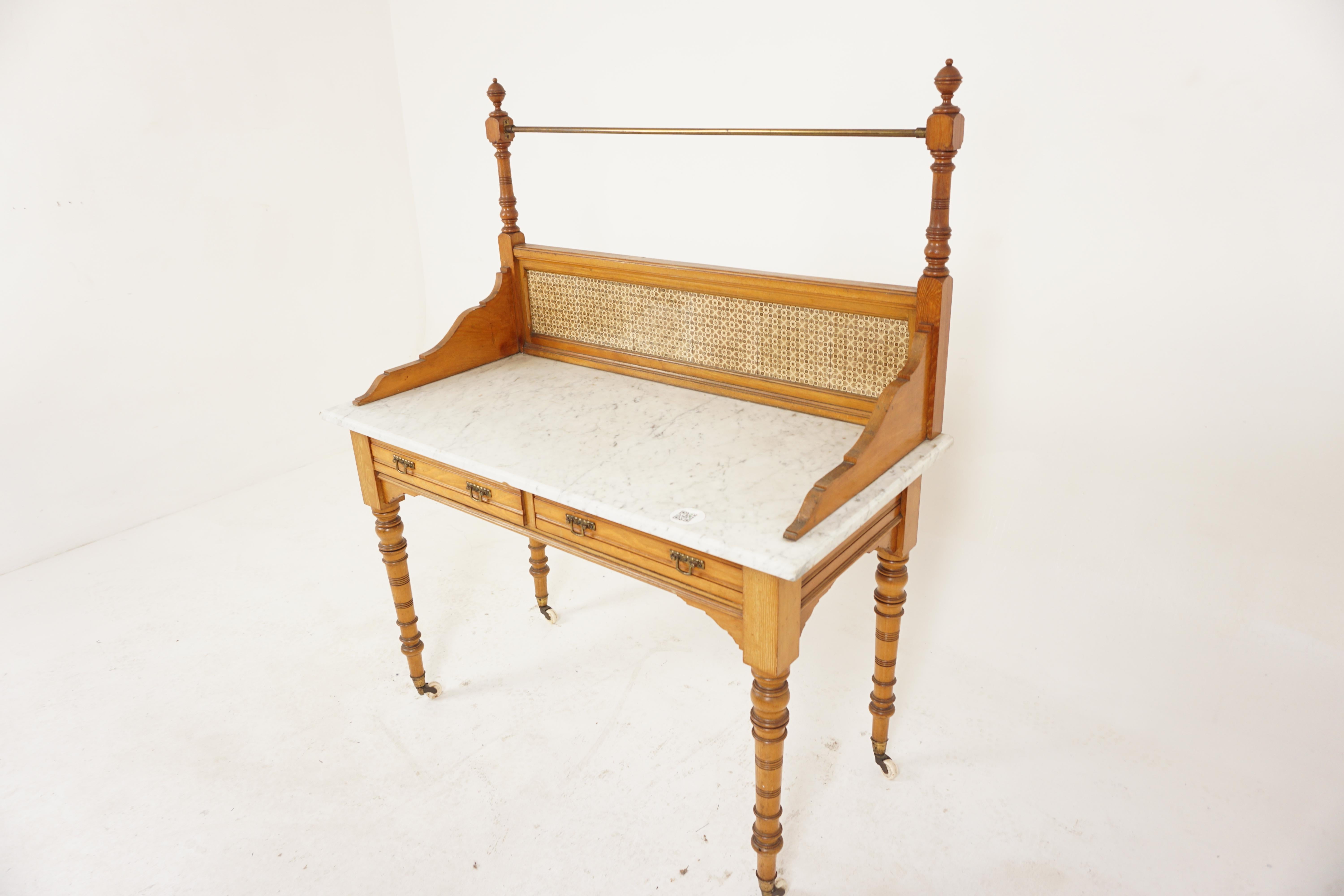 Victorian Ash marble top washstand, Hall Table, Scotland 1880, H537

Scotland 1880
Solid Ash
Original Finish
Brass towel rail on top
2 turned supports with a tile backsplash
All standing on a white marble base
Below, a pair of dovetailed drawers