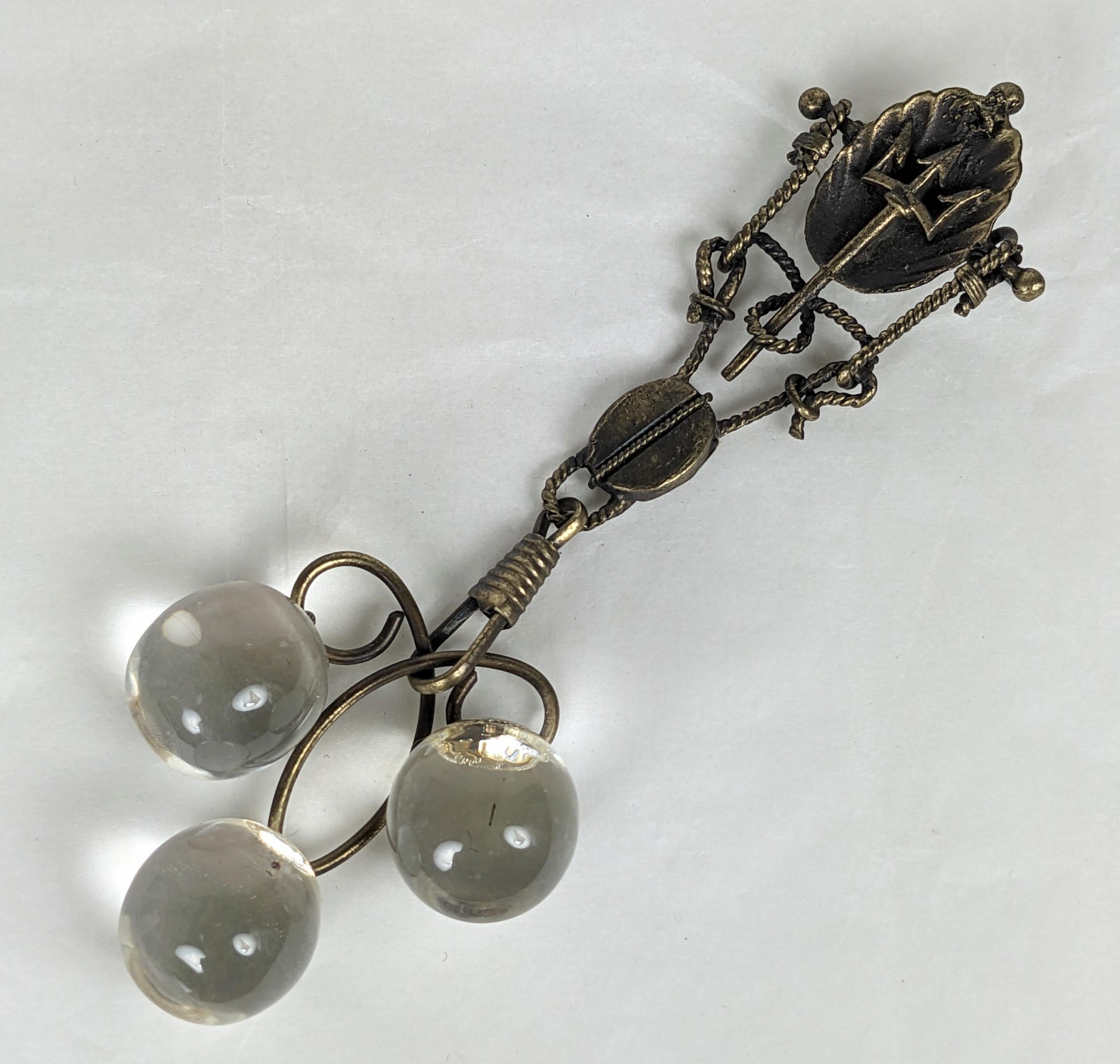 Striking Assemblage Fob Brooch. Studio VL circa 1980's composed of different Victorian elements with Art Deco glass drops. This dangling fob brooch has a Victorian nautical motif with articulated rope and pulley. One of a kind. 1980's. Studio