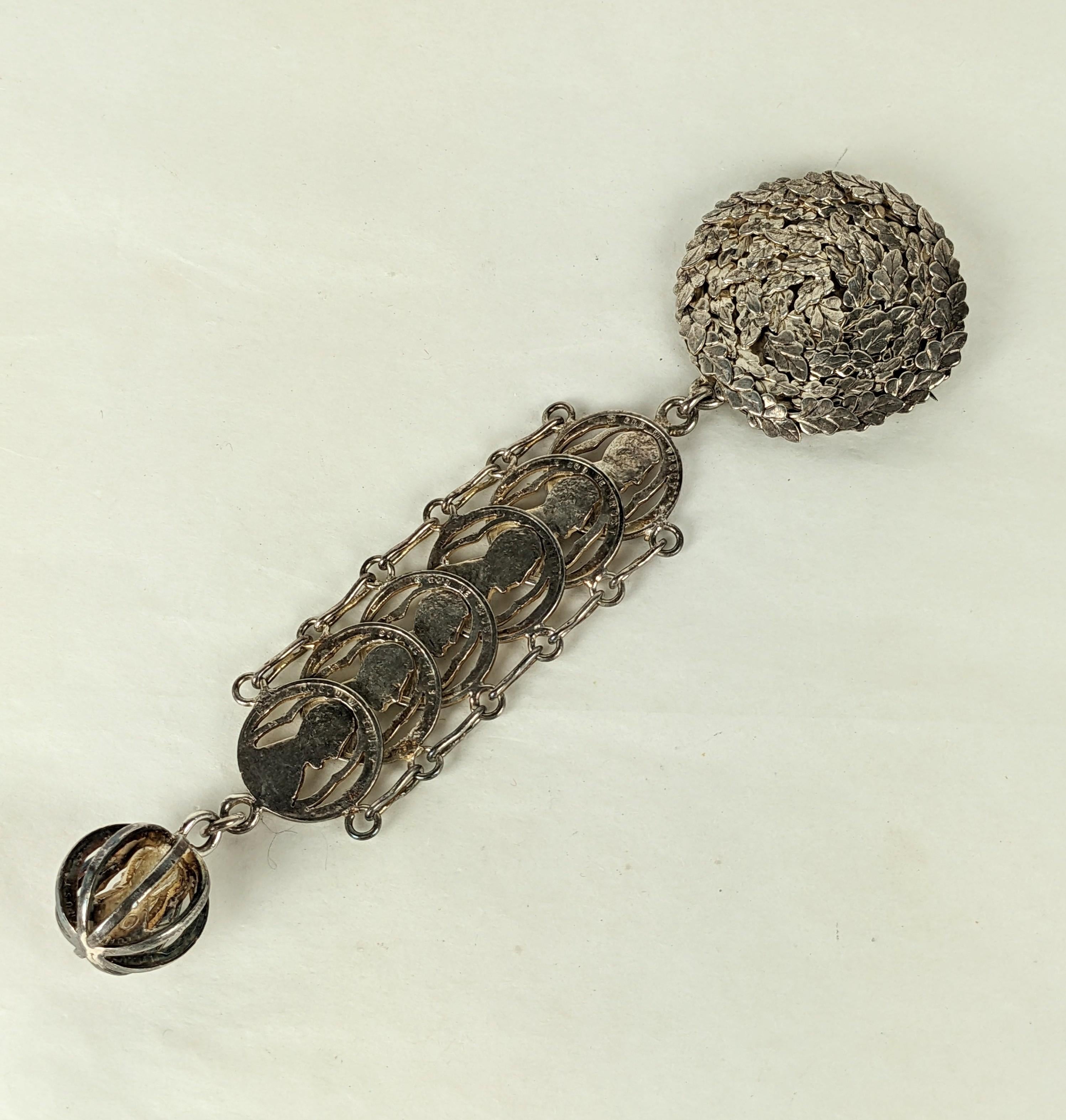 Unusual Victorian Assemblage, Studio VL from the 1980's. 19th Century elements combined and replated to create this unusual fob brooch with hand carved penny fob. 6