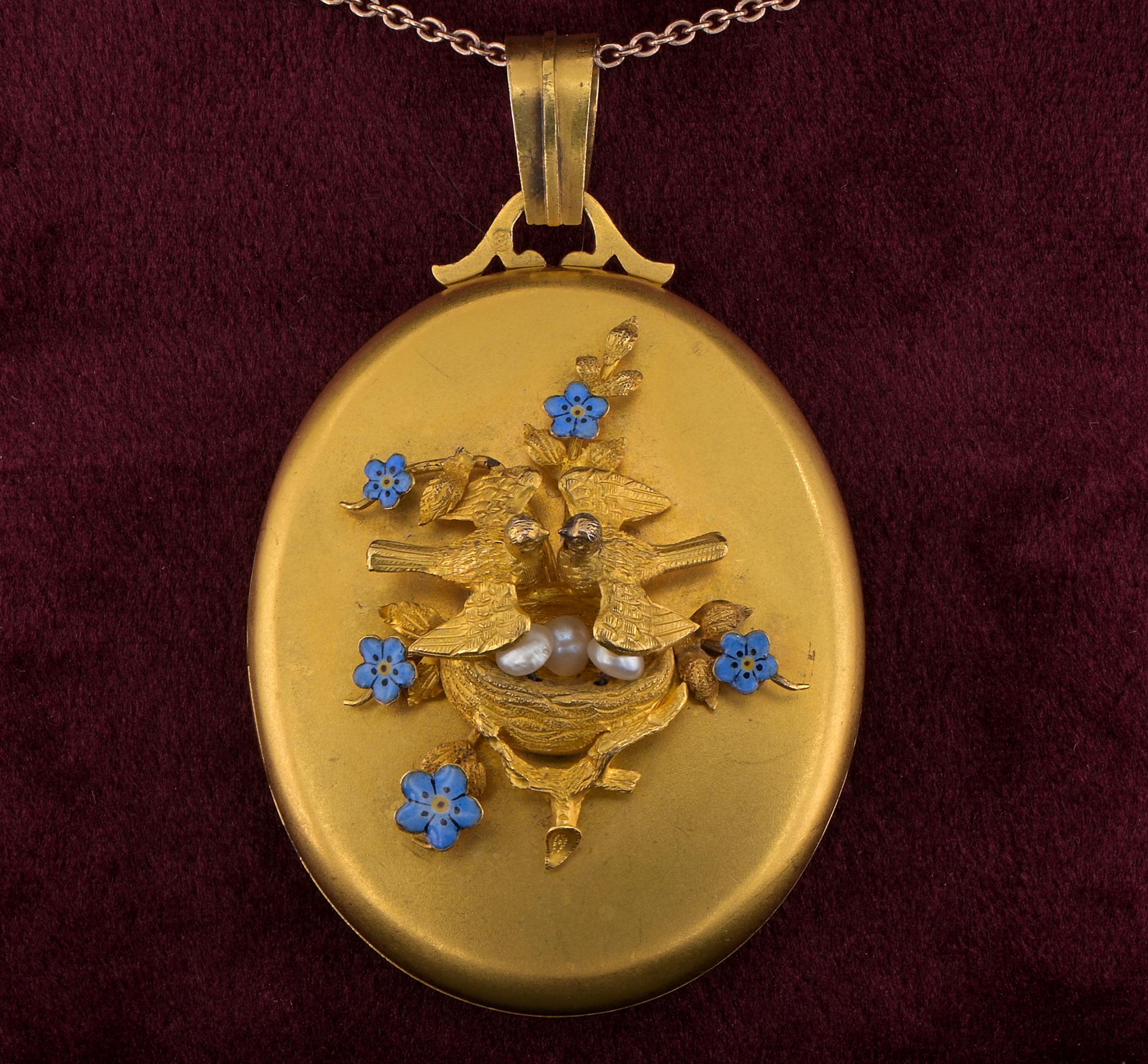 Harry Emanuel Art work
This antique large locket pendant is Victorian period
Distinctive artwork attributed to Harry Emanuel, tests solid 18 KT gold, bearing Austro Hungarian import marks for the period 1872/1902 – later engraved on the back for