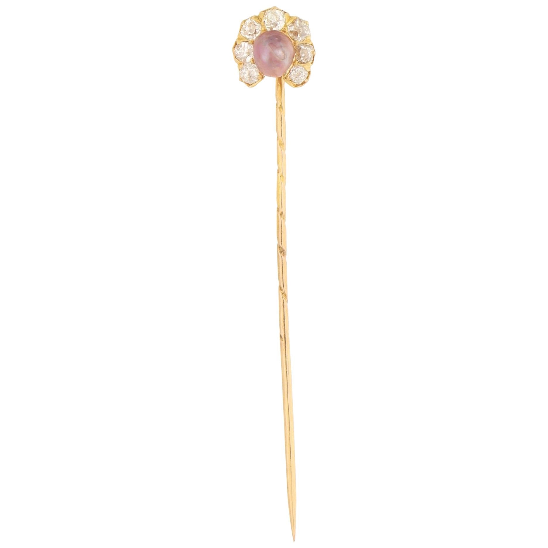 Victorian Horse Shoe Natural Pearl and Diamond Stick Pin in Gold