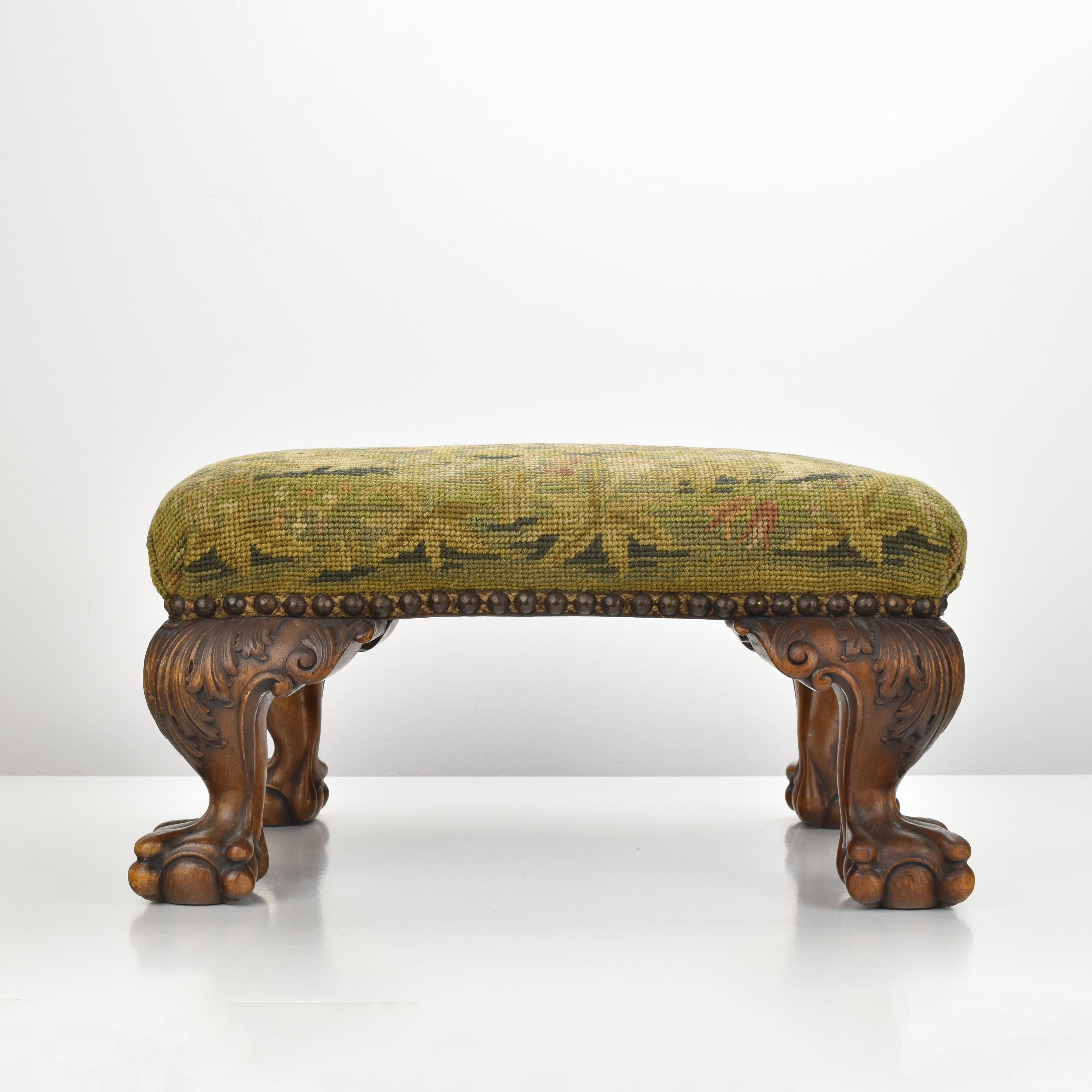 Hand-Woven Victorian Aubusson Needlework Footstool Claw & Ball Carved Wood Foot Bench For Sale