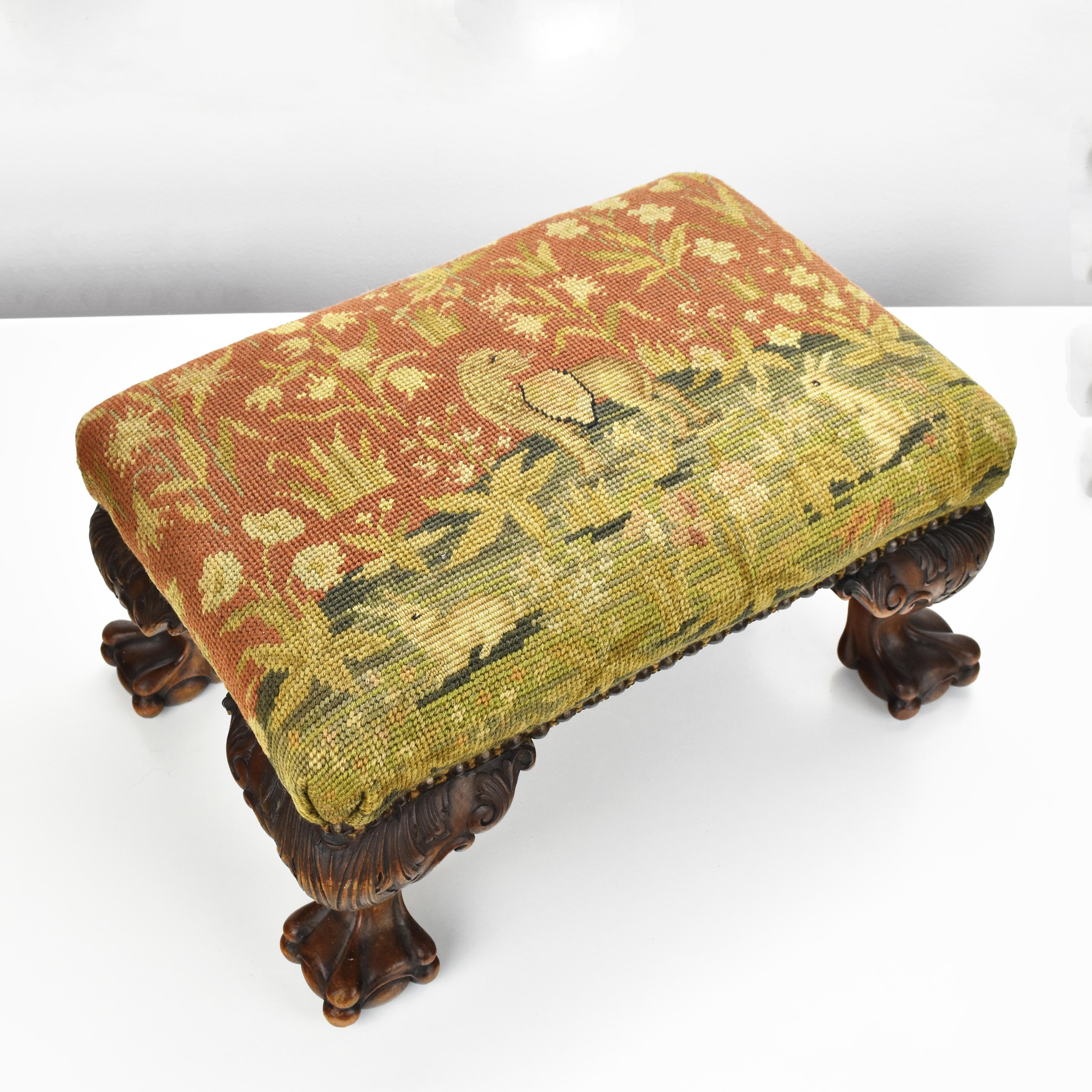 Mid-19th Century Victorian Aubusson Needlework Footstool Claw & Ball Carved Wood Foot Bench For Sale