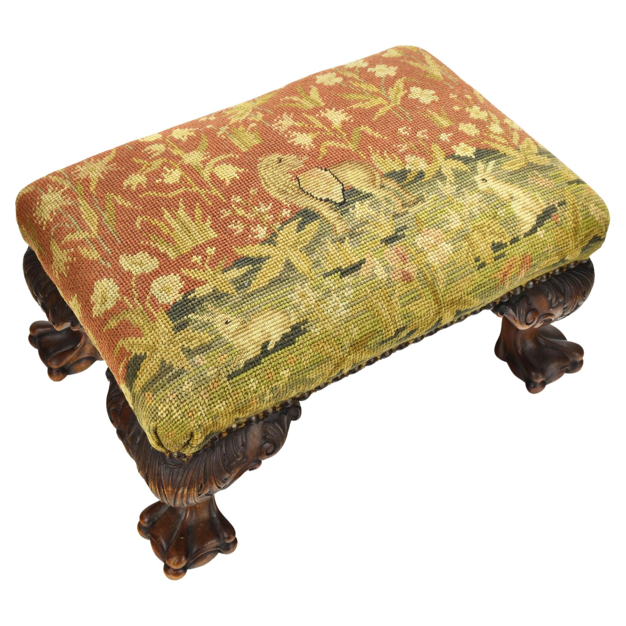 Victorian Aubusson Needlework Footstool Claw & Ball Carved Wood Foot Bench For Sale