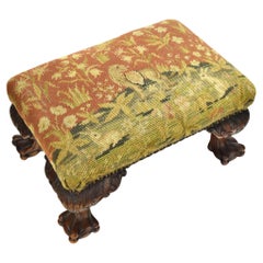 Victorian Aubusson Needlework Footstool Claw & Ball Carved Wood Foot Bench