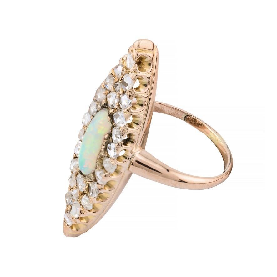Cabochon Victorian Australian Opal & Rose Cut Diamond Elongated Navette Ring in 14K Gold For Sale