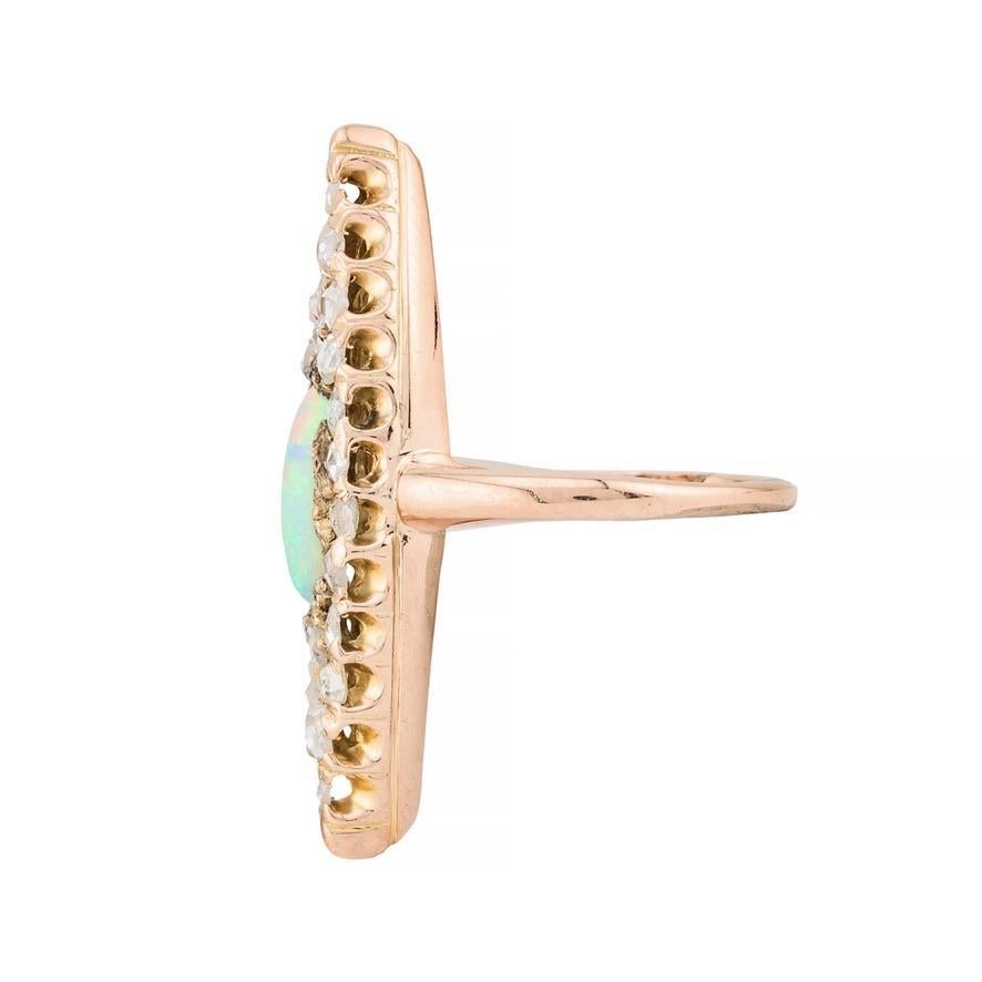 Victorian Australian Opal & Rose Cut Diamond Elongated Navette Ring in 14K Gold In Excellent Condition For Sale In Boston, MA