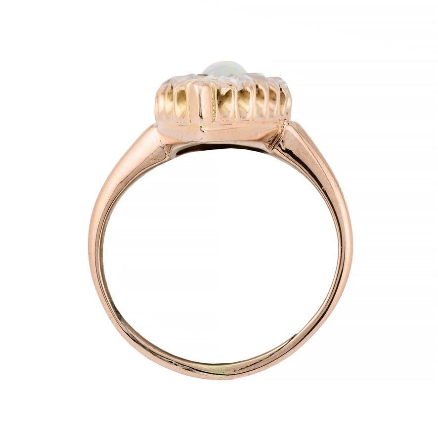 Women's Victorian Australian Opal & Rose Cut Diamond Elongated Navette Ring in 14K Gold For Sale