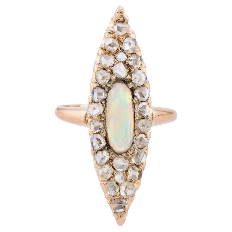 Victorian Australian Opal & Rose Cut Diamond Elongated Navette Ring in 14K Gold