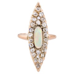 Bague navette allongée victorienne en or 14 carats, opale australienne et diamant taille rose