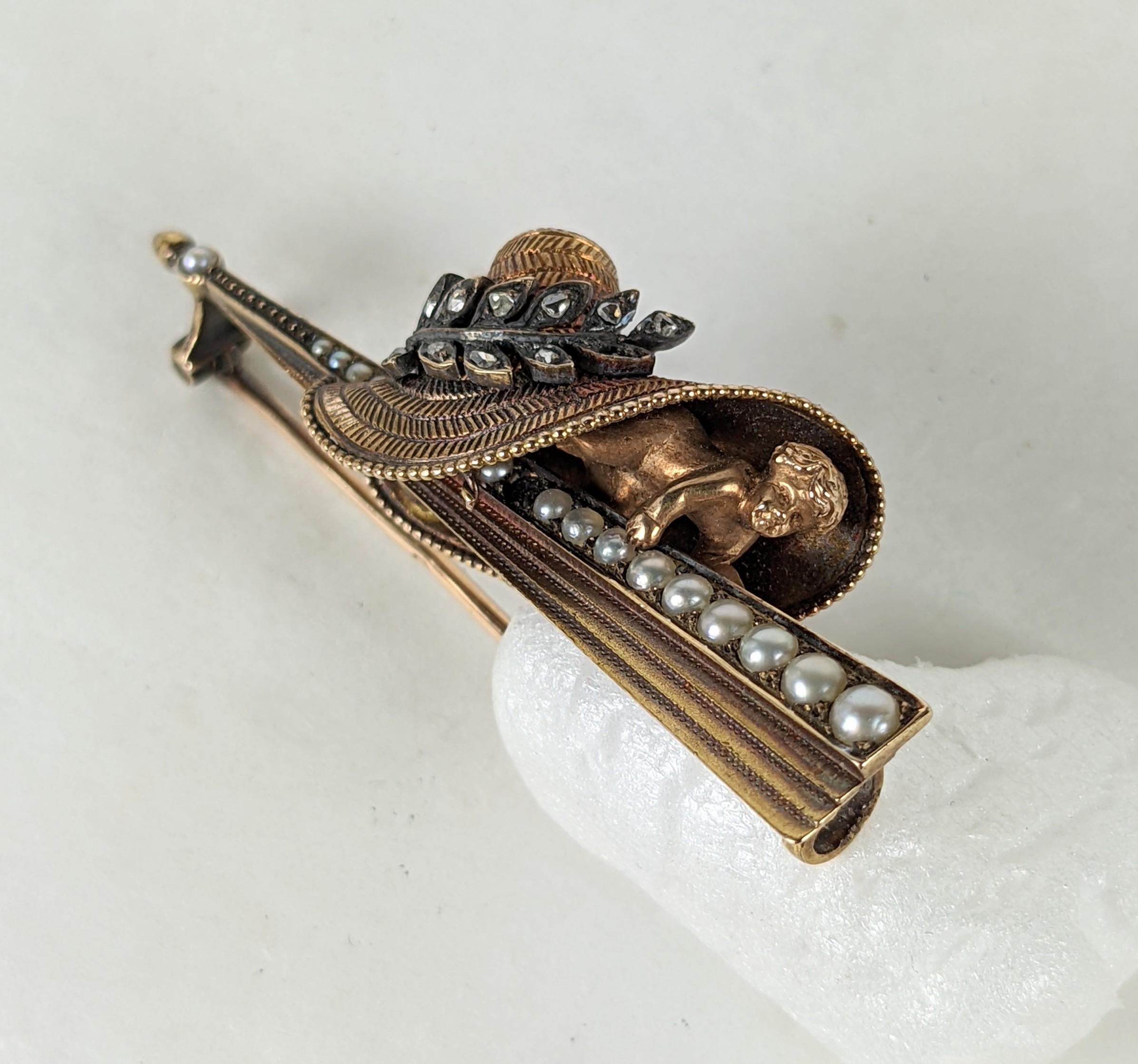 Rose Cut Victorian Baby in Bonnet Seed Pearl and Diamond Brooch For Sale