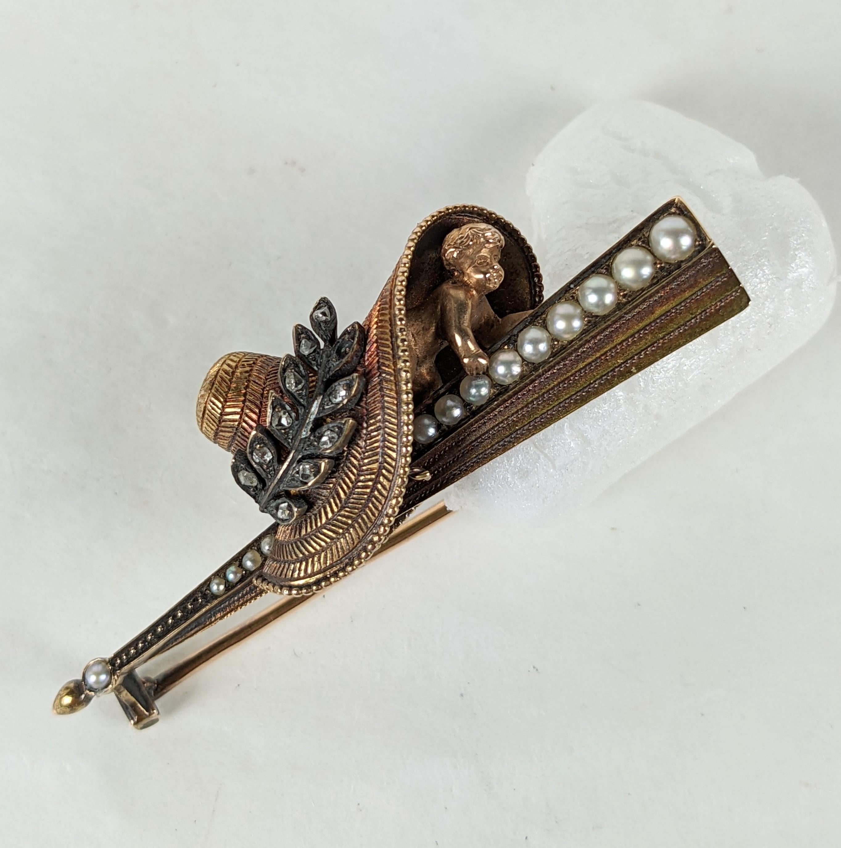 Victorian Baby in Bonnet Seed Pearl and Diamond Brooch In Good Condition For Sale In Riverdale, NY