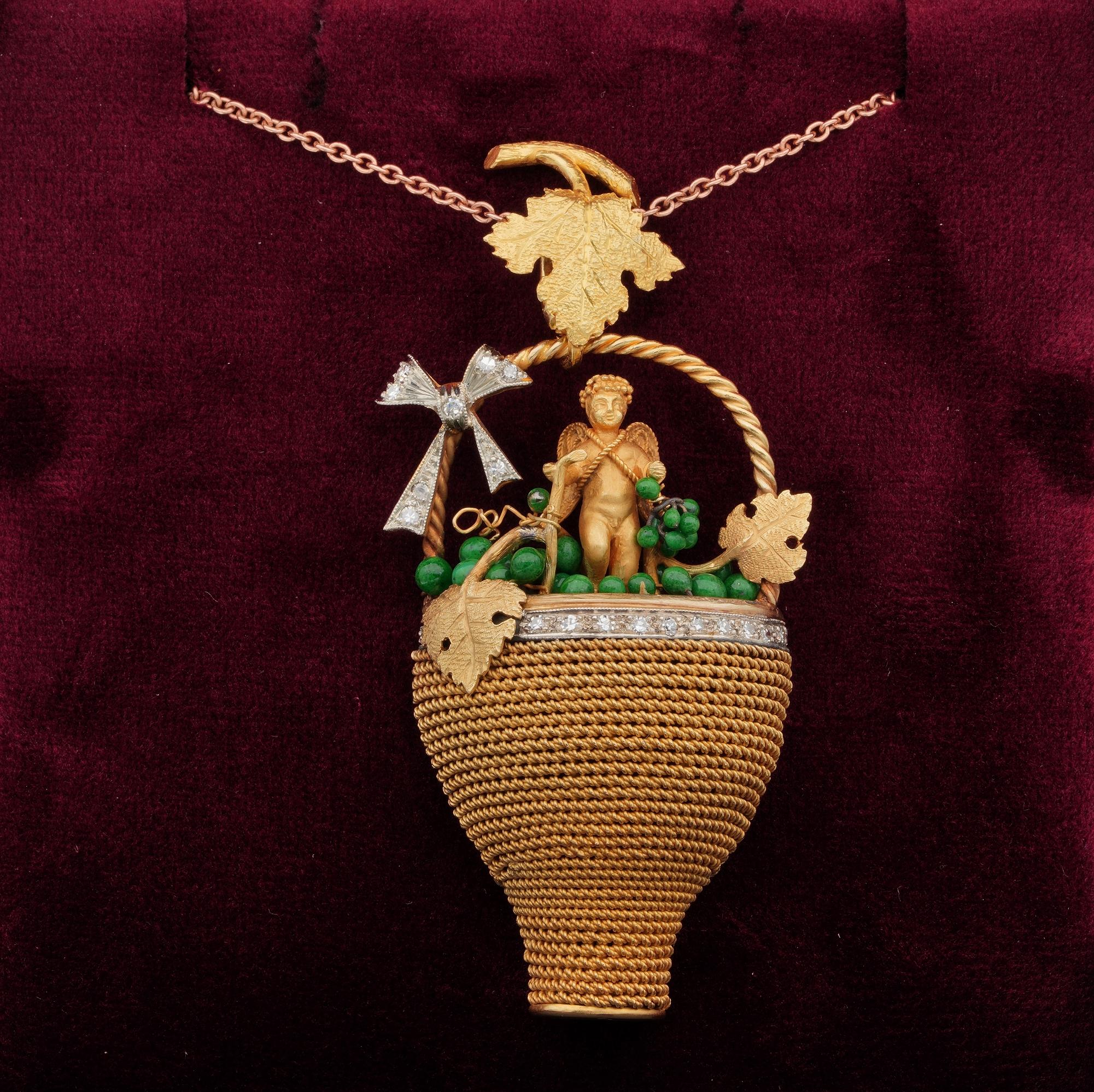 Myths & Legends

An impressive and quite unique late Victorian period, large sculptured 18 KT gold pendant
Italian Artistry made totally by hand, by some great past goldsmith
Allegory to Bacchus or Dionysus in the Greek version – During Victorian