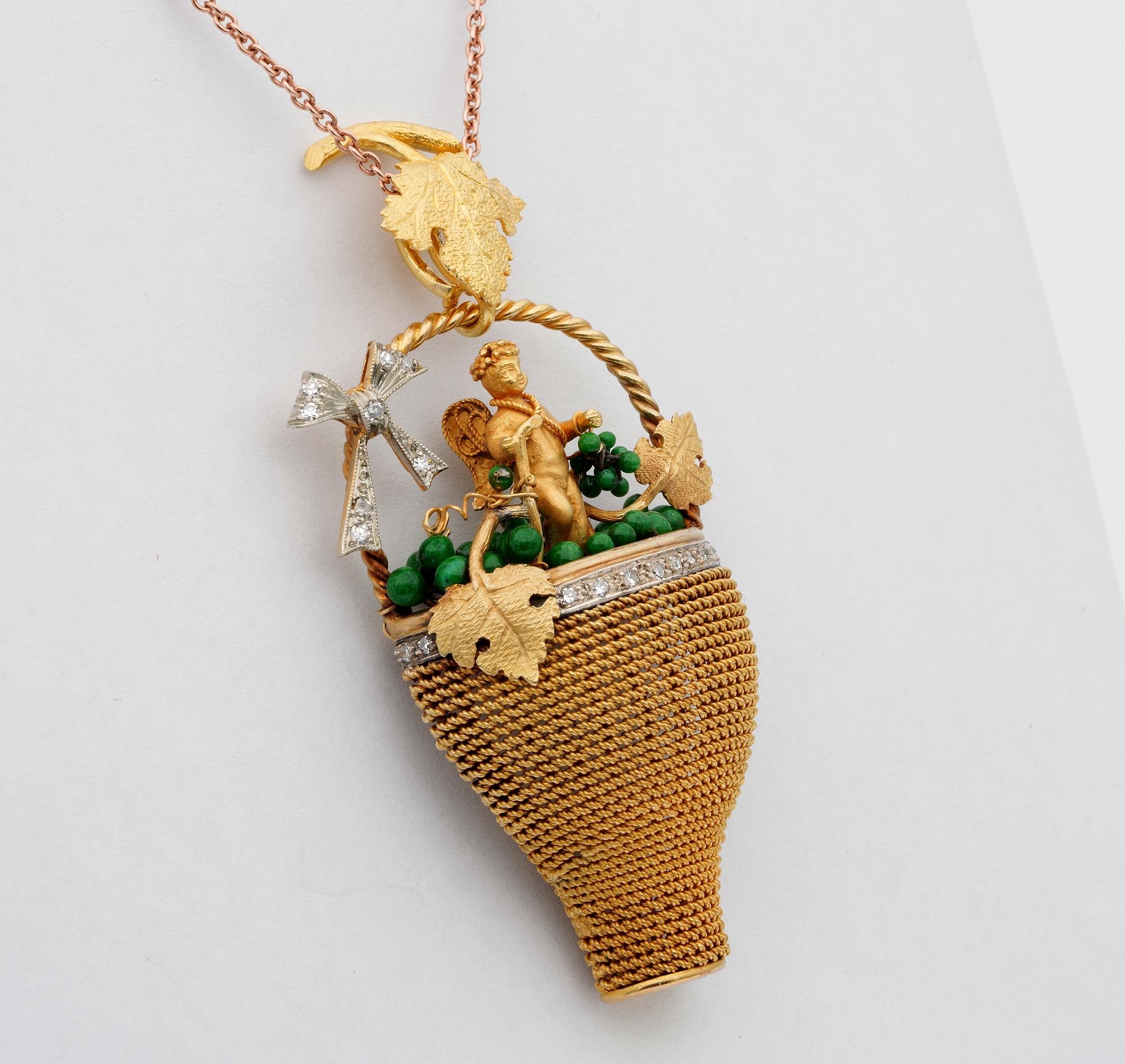 Victorian Bacchus Allegory Amazing 18 Karat Diamond Enamel Large Rare Pendant In Good Condition For Sale In Napoli, IT