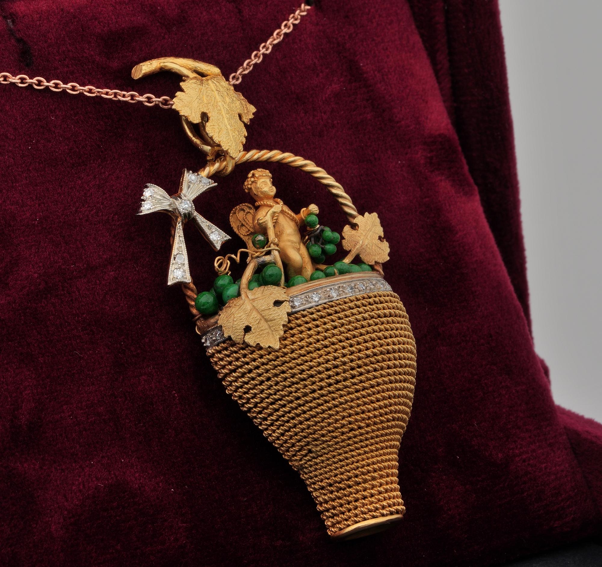 Women's Victorian Bacchus Allegory Amazing 18 Karat Diamond Enamel Large Rare Pendant For Sale