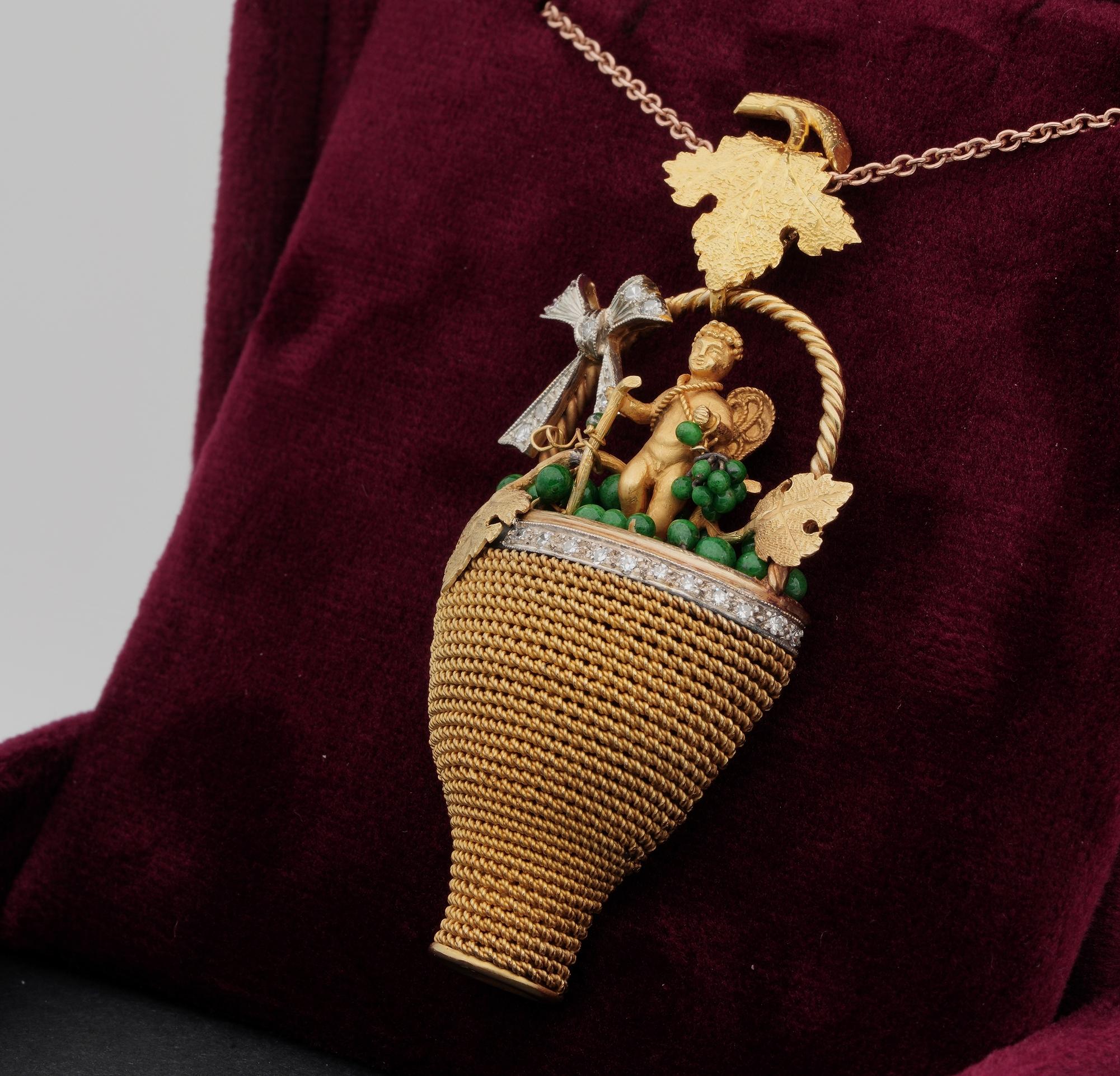 Victorian Bacchus Allegory Amazing 18 Karat Diamond Enamel Large Rare Pendant For Sale 2