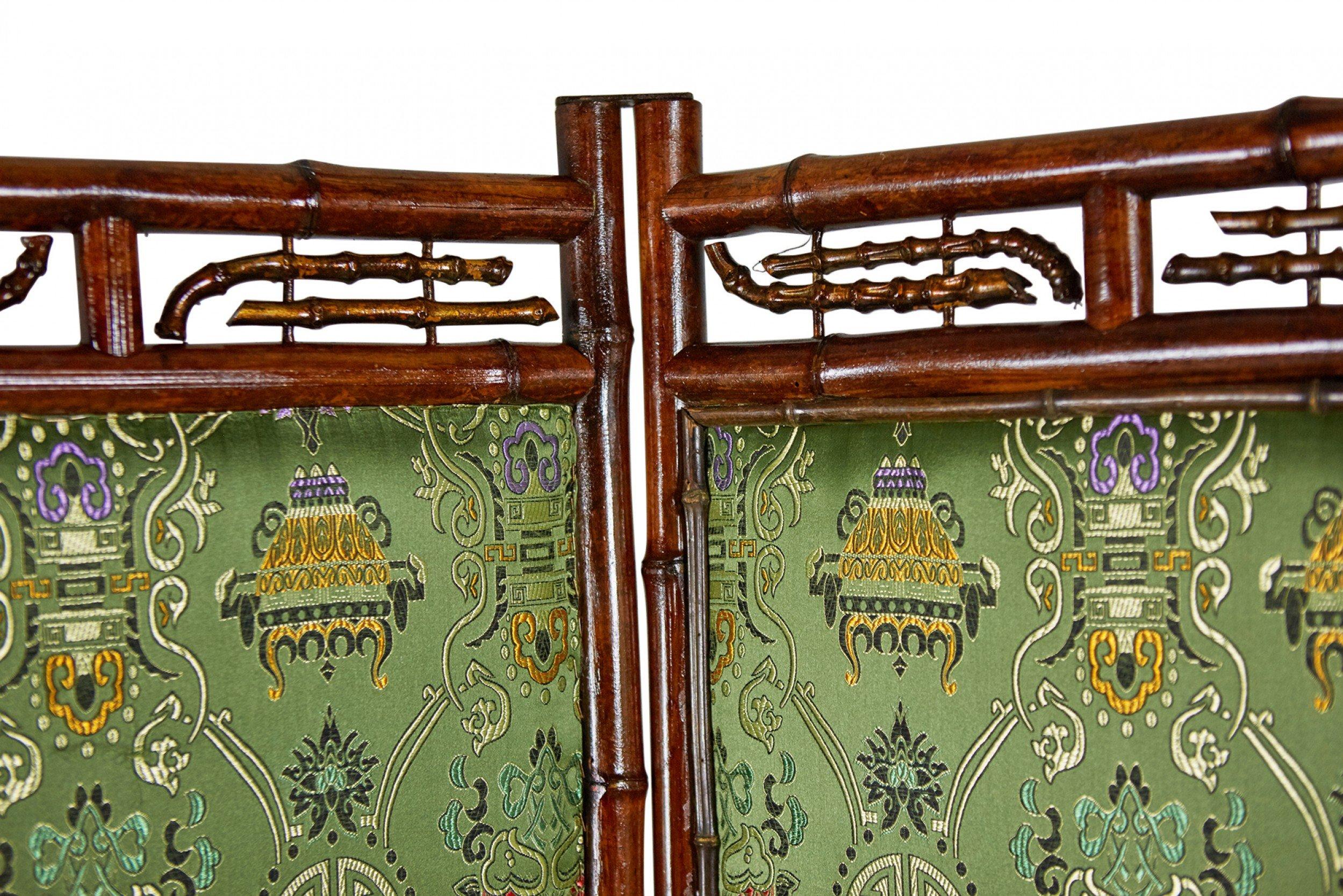 Victorian Bamboo 3-Fold Screen with Floral Green and Yellow Upholstered Panels For Sale 5
