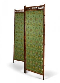 Victorian Bamboo 3-Fold Screen with Floral Green and Yellow Upholstered Panels