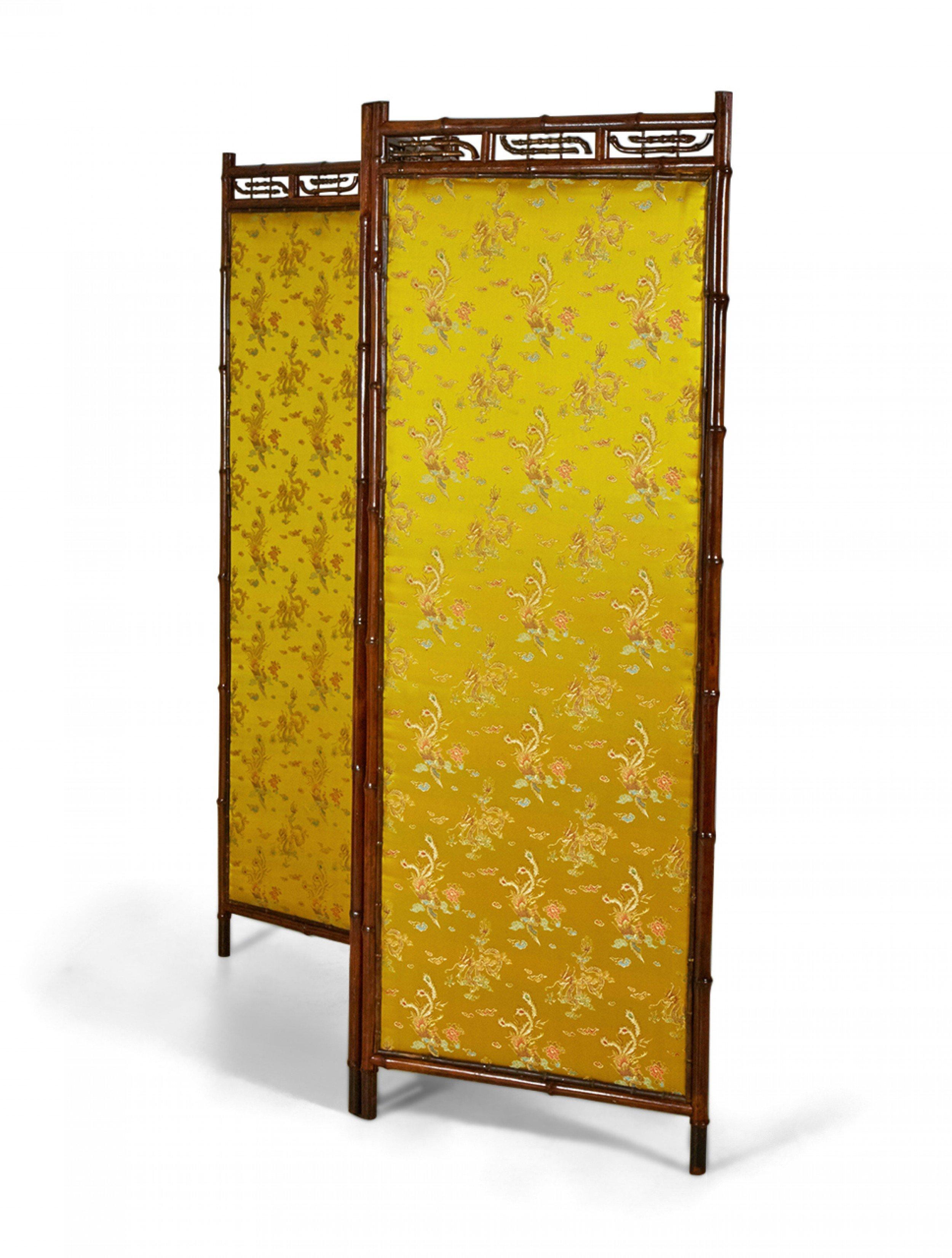British Victorian Bamboo 3-Fold Screen with Floral Green and Yellow Upholstered Panels For Sale