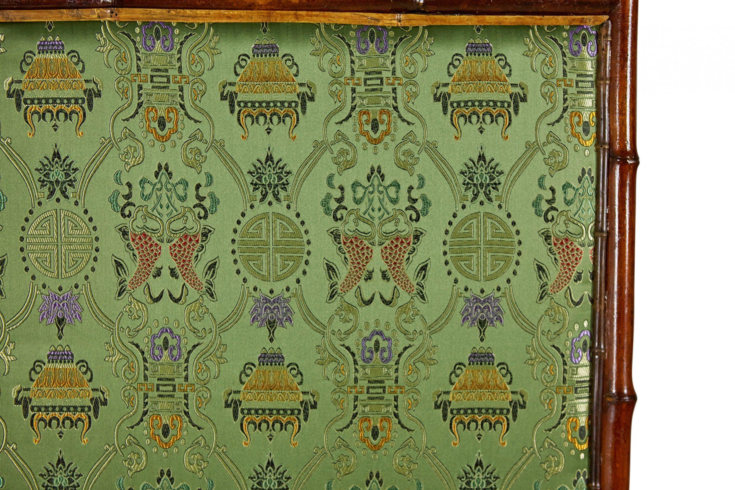 19th Century Victorian Bamboo 3-Fold Screen with Floral Green and Yellow Upholstered Panels For Sale