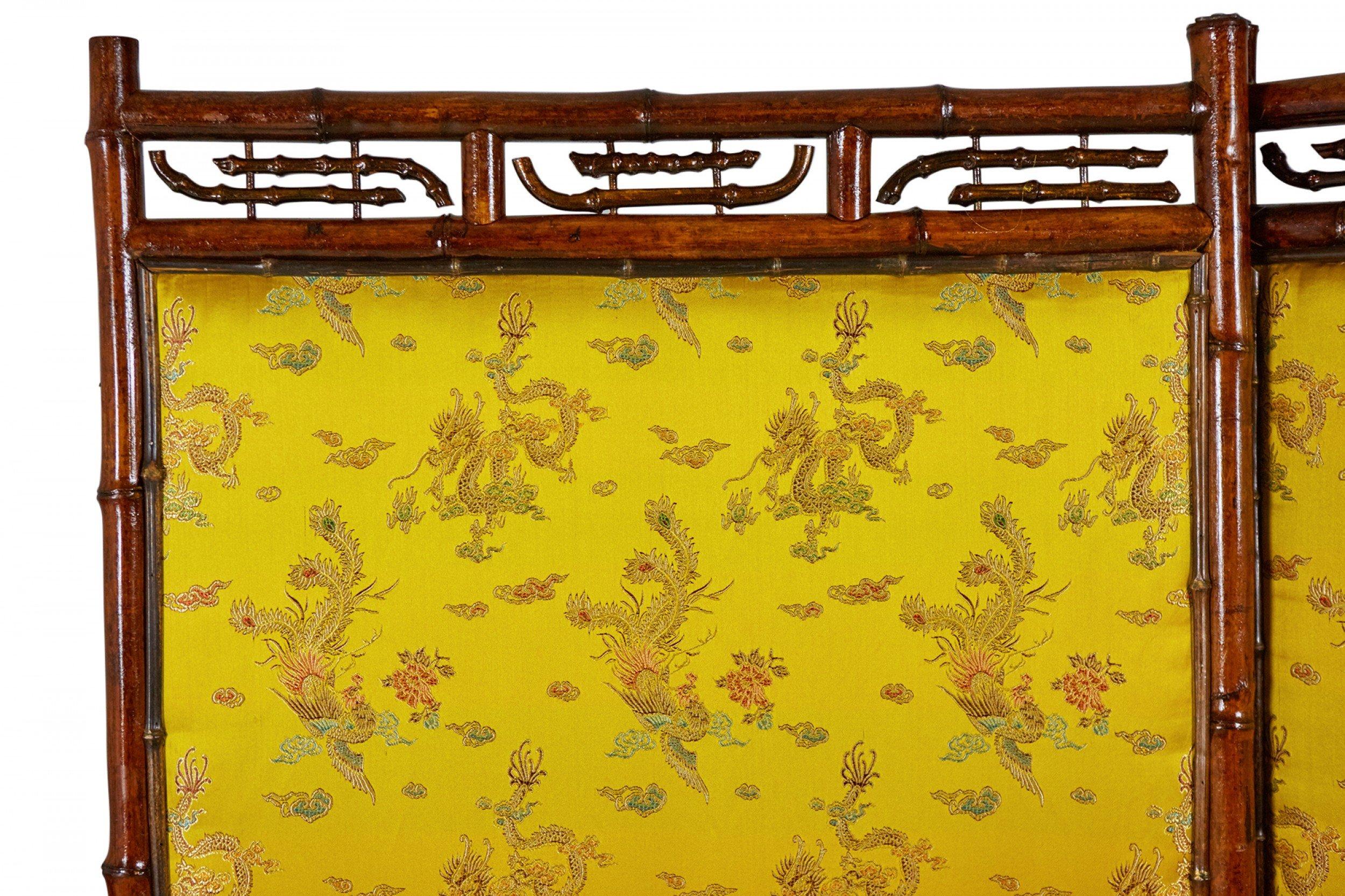 Victorian Bamboo 3-Fold Screen with Floral Green and Yellow Upholstered Panels For Sale 1