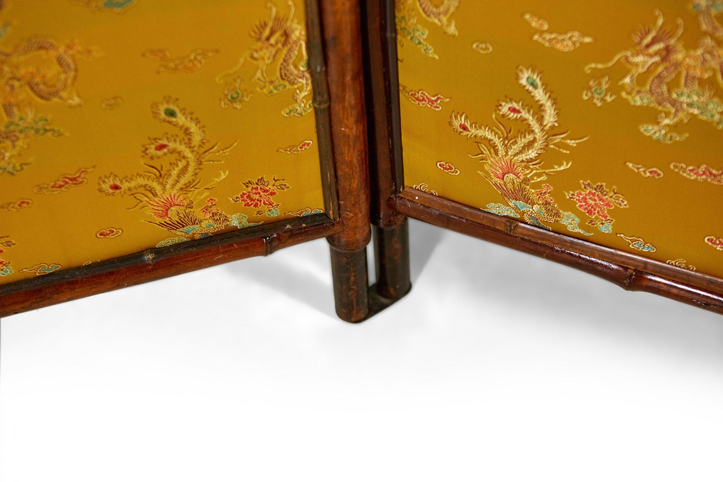 Victorian Bamboo 3-Fold Screen with Floral Green and Yellow Upholstered Panels For Sale 4