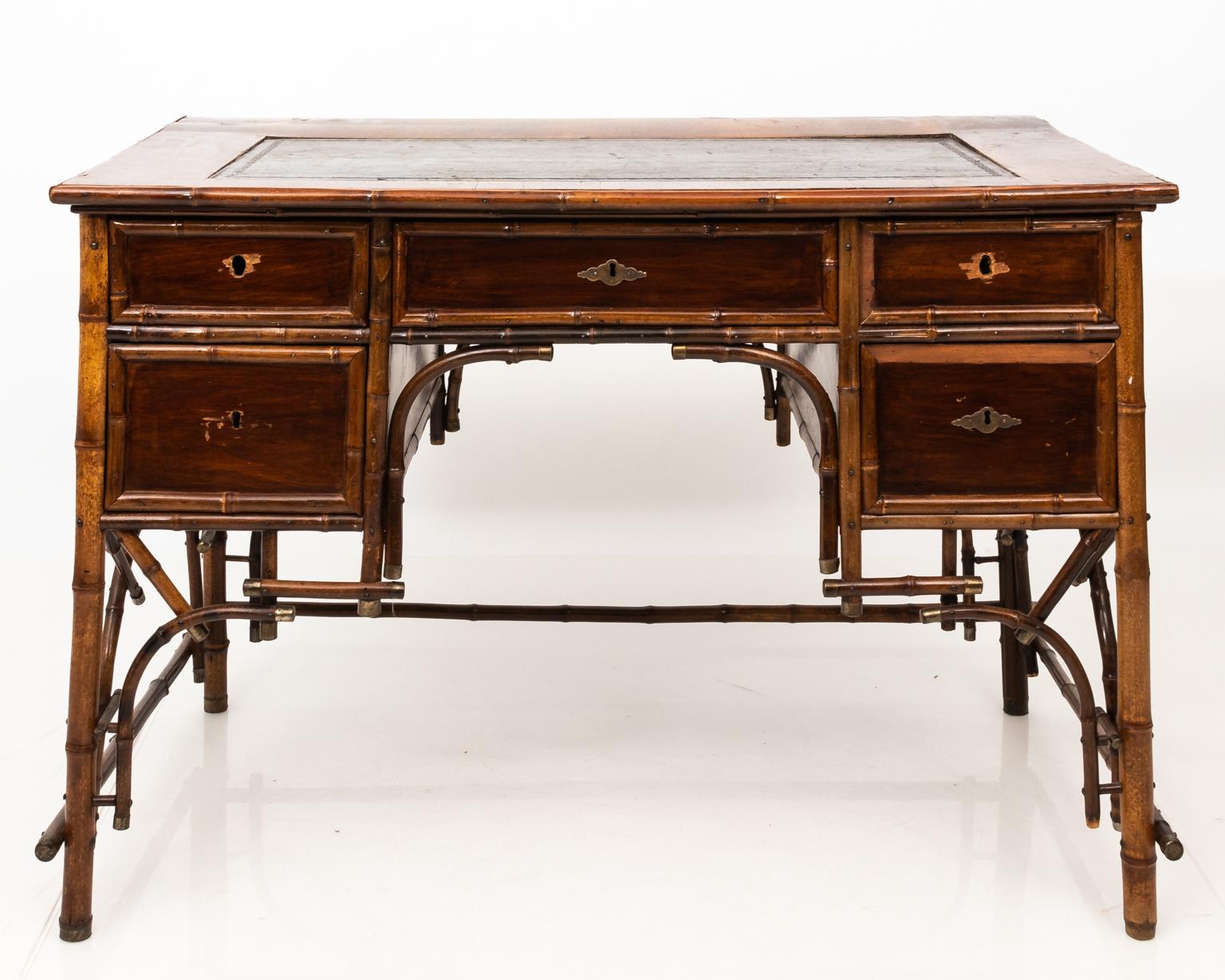 Chinoiserie Victorian Bamboo and Leather Desk
