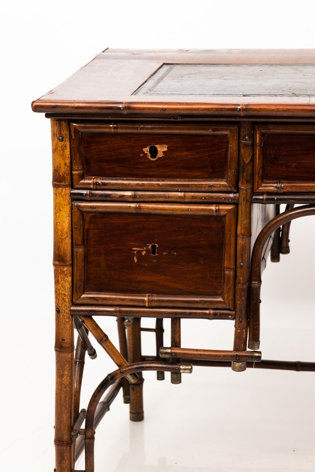 Victorian Bamboo and Leather Desk In Good Condition In Stamford, CT