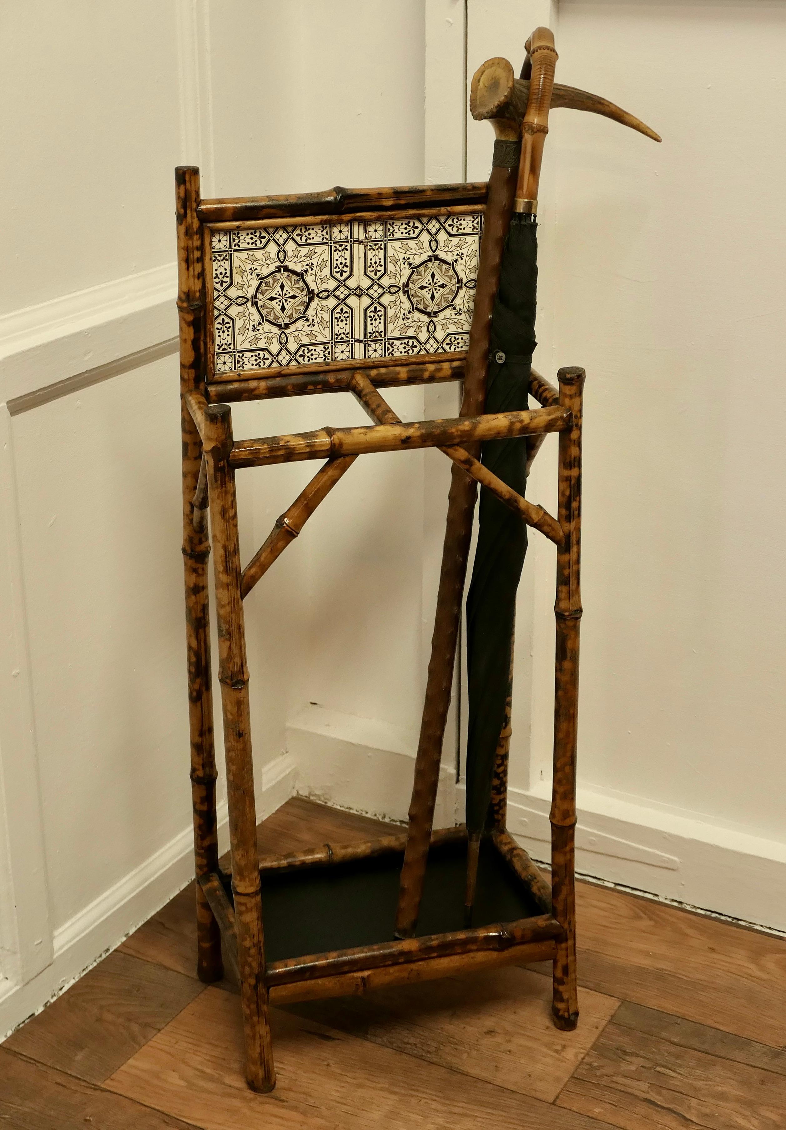 Late 19th Century Victorian Bamboo and Tiled Stick and Umbrella Stand a Charming Little Piece For Sale