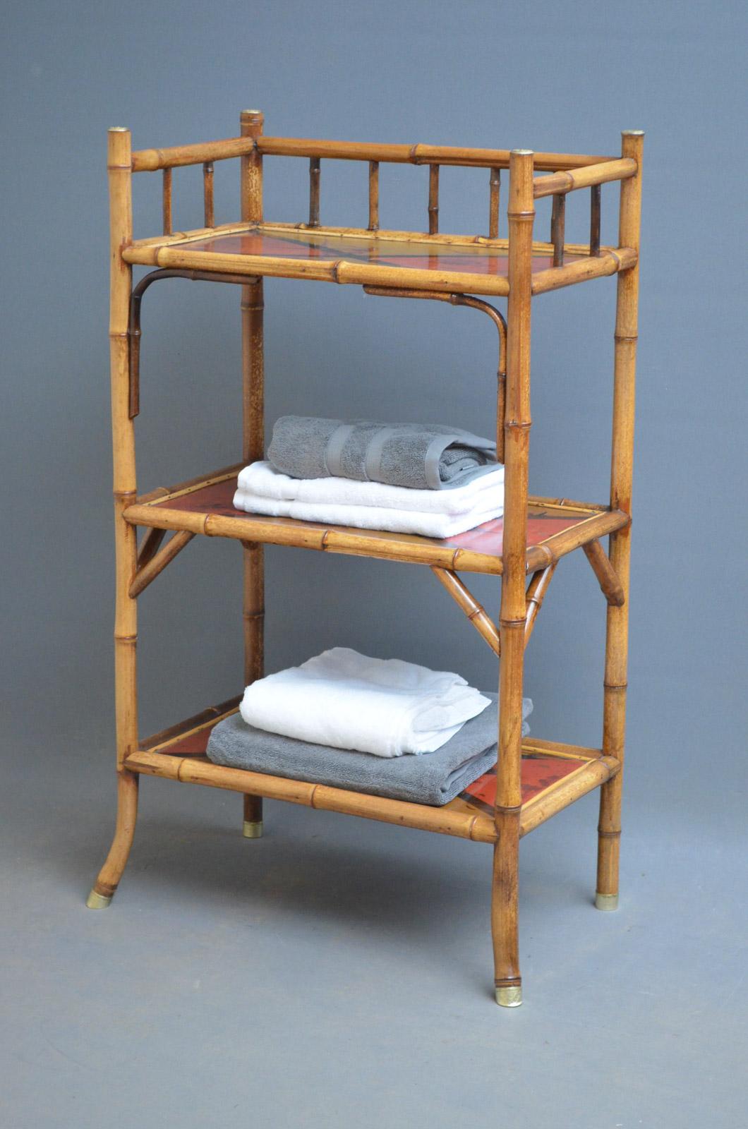 Sn3183, very practical, Victorian, bamboo stand - étagère, having three tiers with lacquered decoration depicting birds and flowers, standing on four outswept legs with brass caps. This is a perfect stand for the bathroom but it would also make a