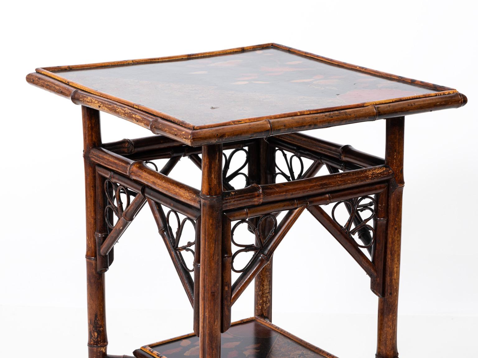Hand-Painted Victorian Bamboo Two-Tier Side Table For Sale