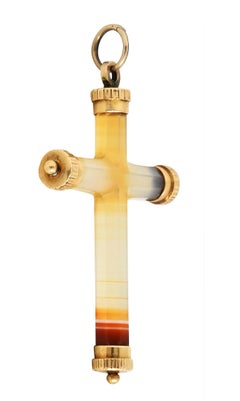 Victorian Banded Agate 14 Karat Gold Cross Unisex Pendant