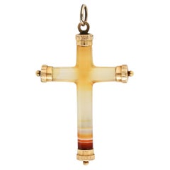 Pendentif unisexe victorien en forme de croix en or 14 carats avec bandes d'agate