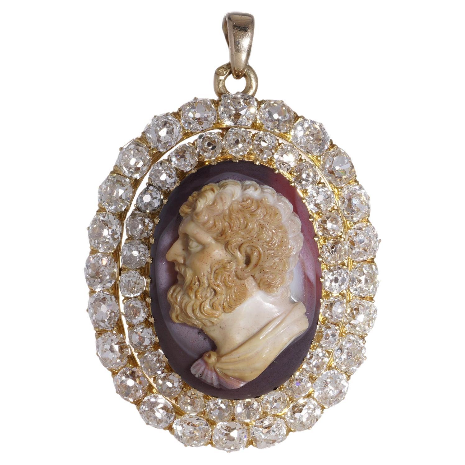 Victorian Banded Agate Cameo of Hercules in an 18kt gold and diamond set pendant