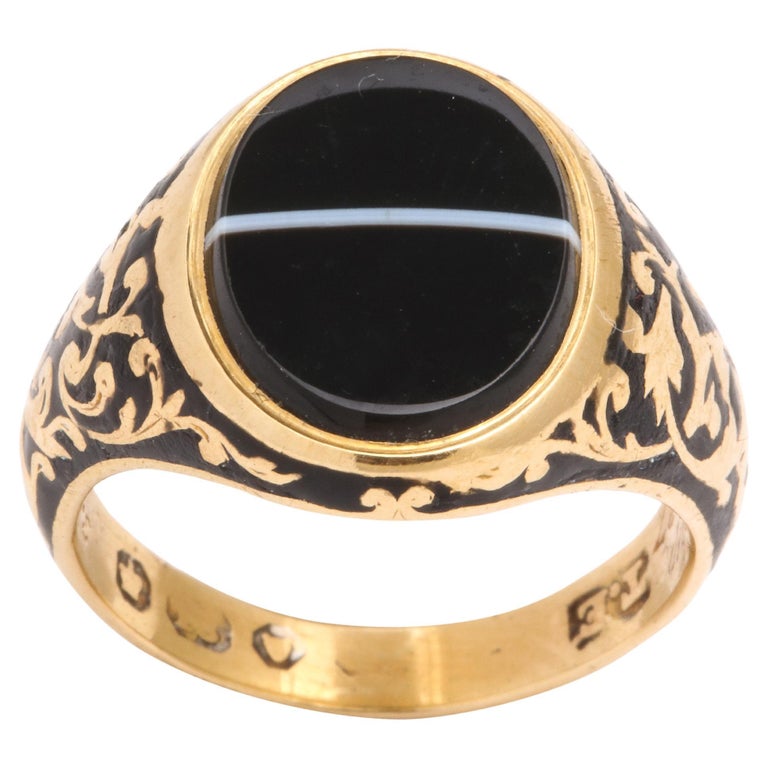 Victorian Banded Agate Locket Back Signet Ring For Sale