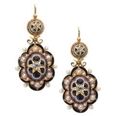 Victorian Banded Agate, Natural Pearl, Diamond, Enamel and Gold Drop Earrings