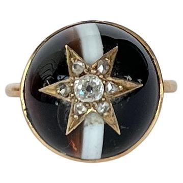 Victorian Banded Agate, Rose Cut Diamond and 9 Carat Gold Ring For Sale