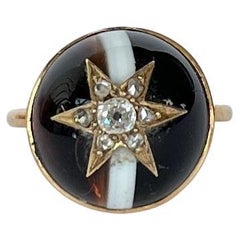 Used Victorian Banded Agate, Rose Cut Diamond and 9 Carat Gold Ring