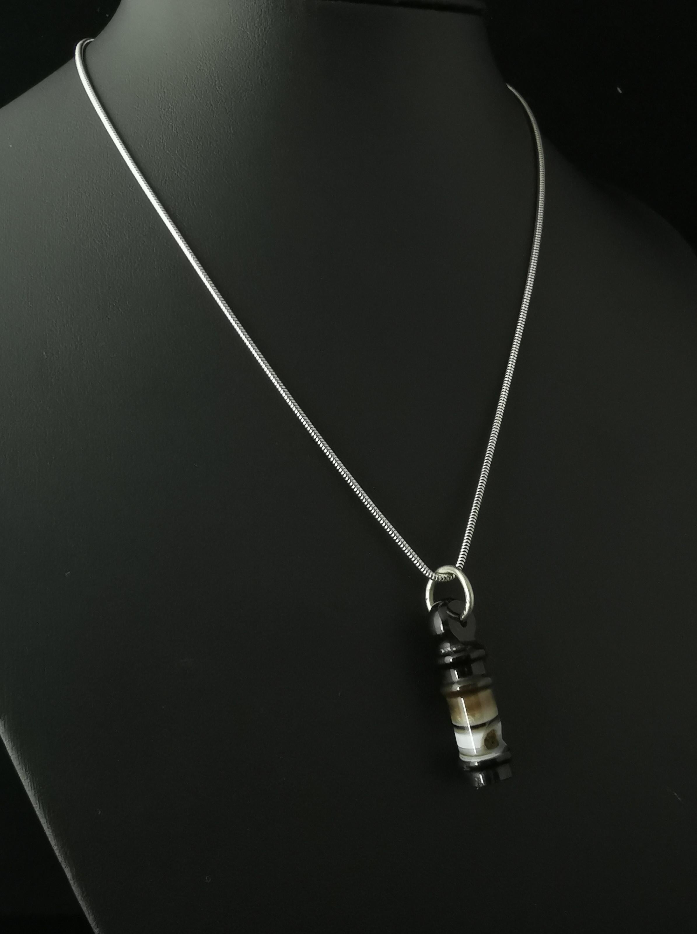 Victorian Banded Agate Whistle Pendant, Vintage Silver Necklace 5
