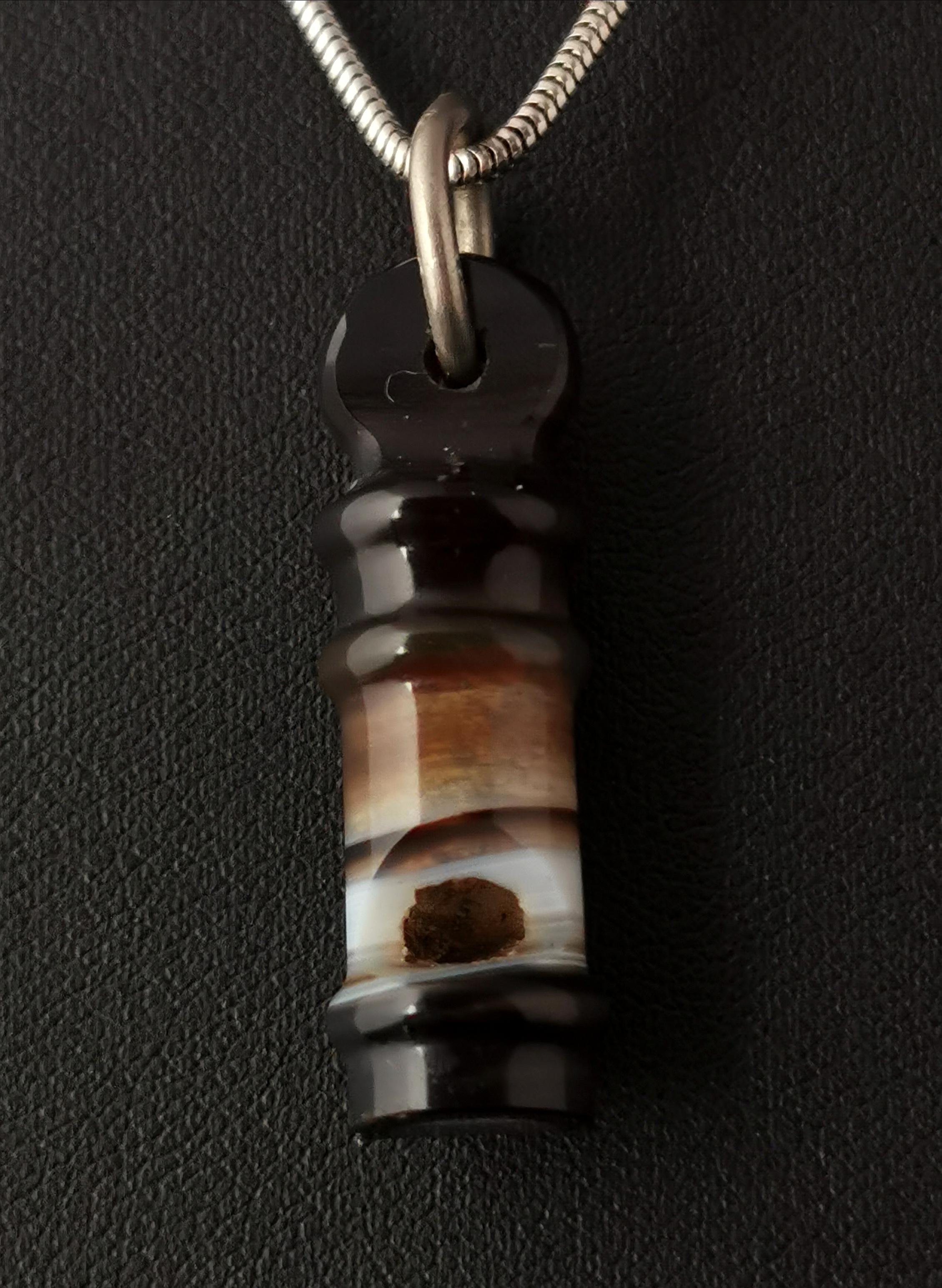 Mixed Cut Victorian Banded Agate Whistle Pendant, Vintage Silver Necklace