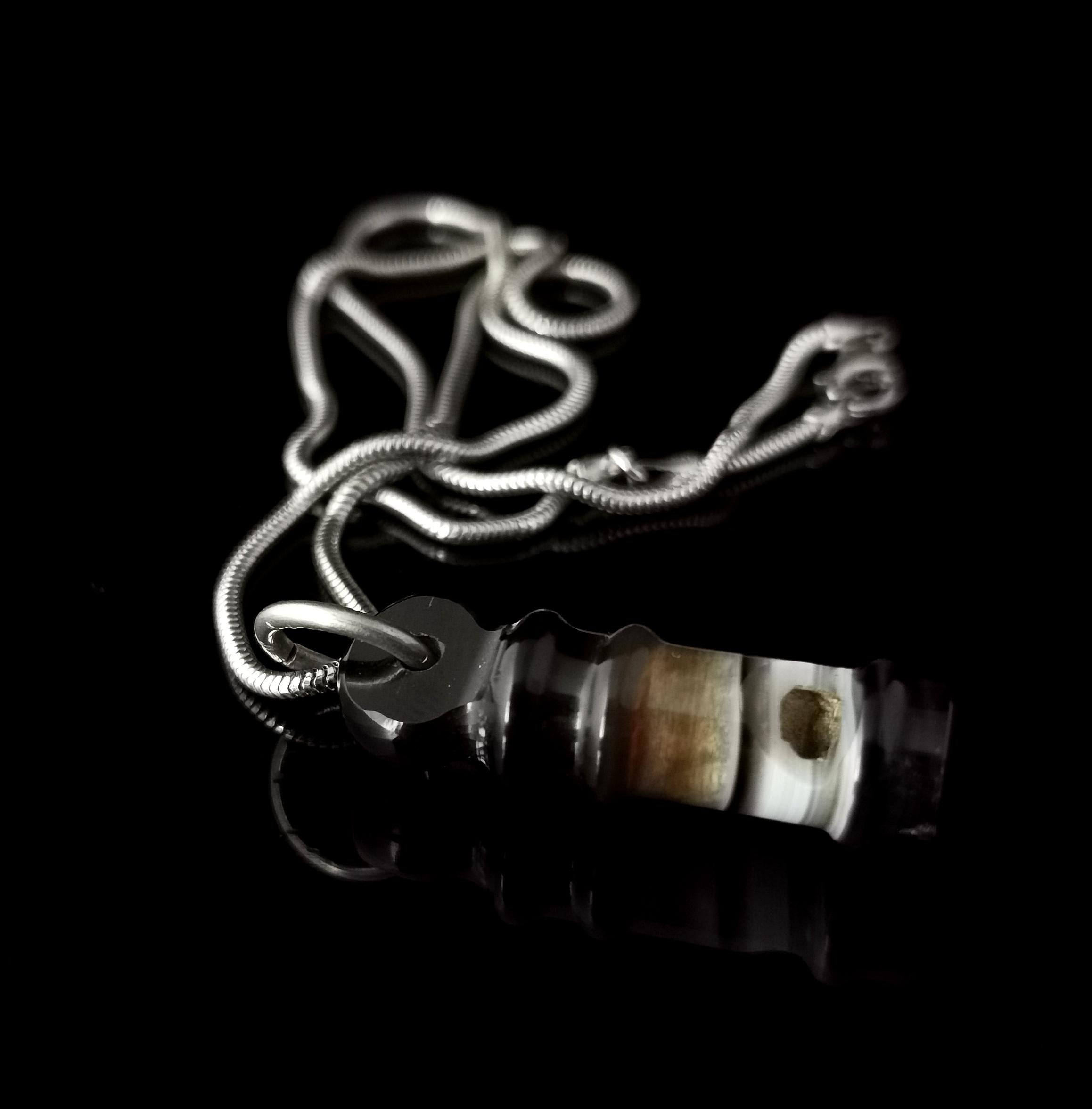 Victorian Banded Agate Whistle Pendant, Vintage Silver Necklace 1