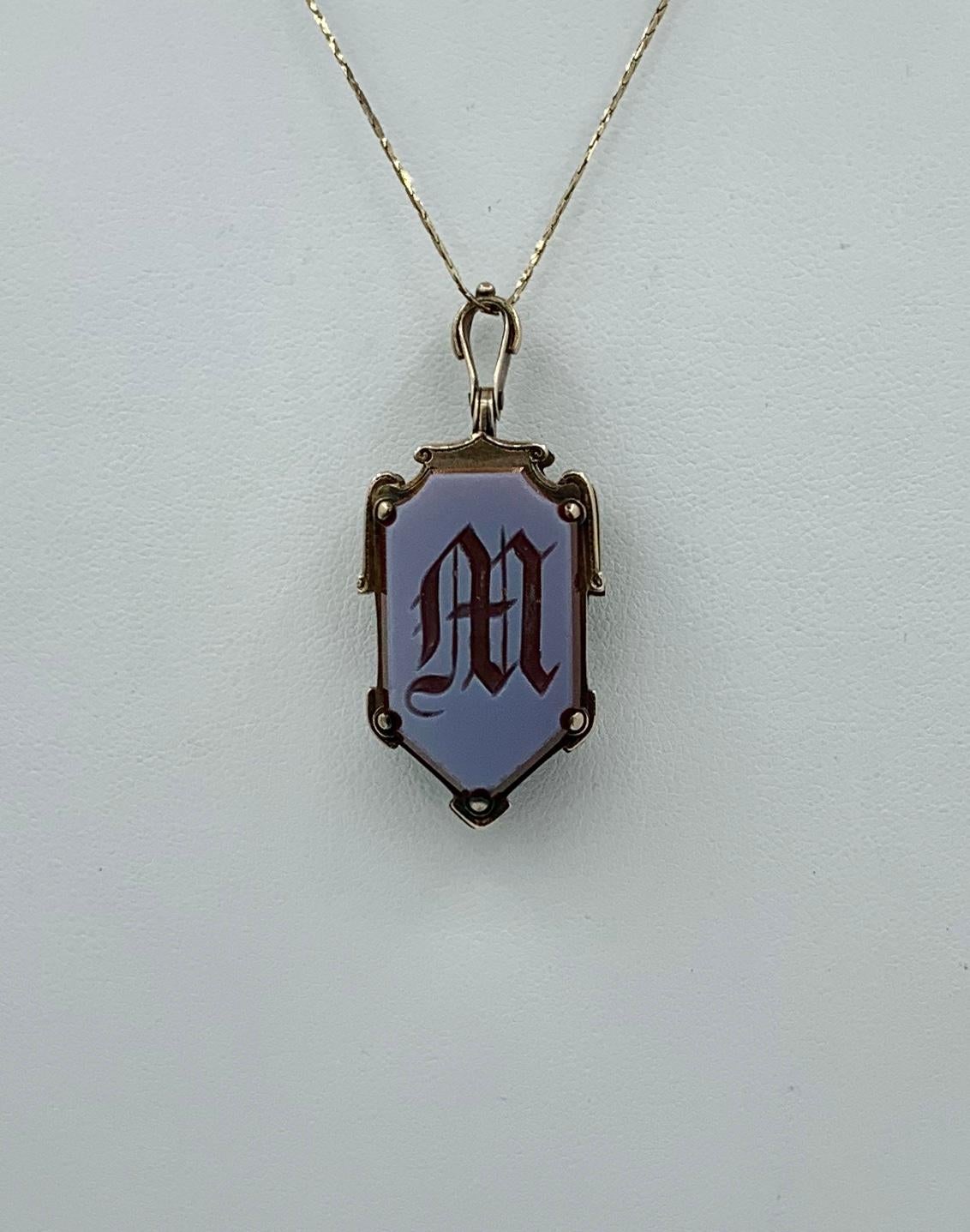 Shield Cut Victorian Banded Onyx Locket Pendant Gold M Initial Sardonyx For Sale